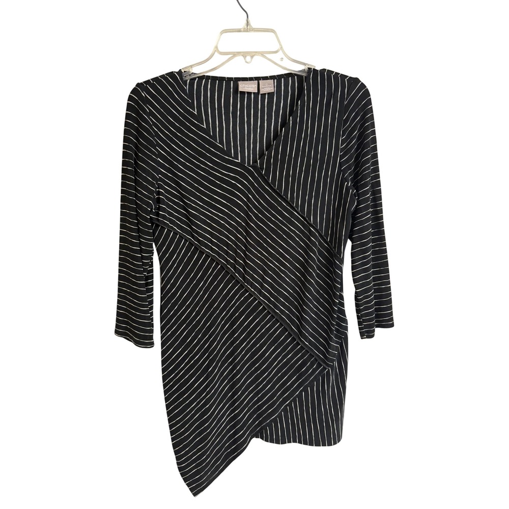Chicos Travelers Black White Striped Asymmetrical Faux Wrap Tunic Top Size 0 S